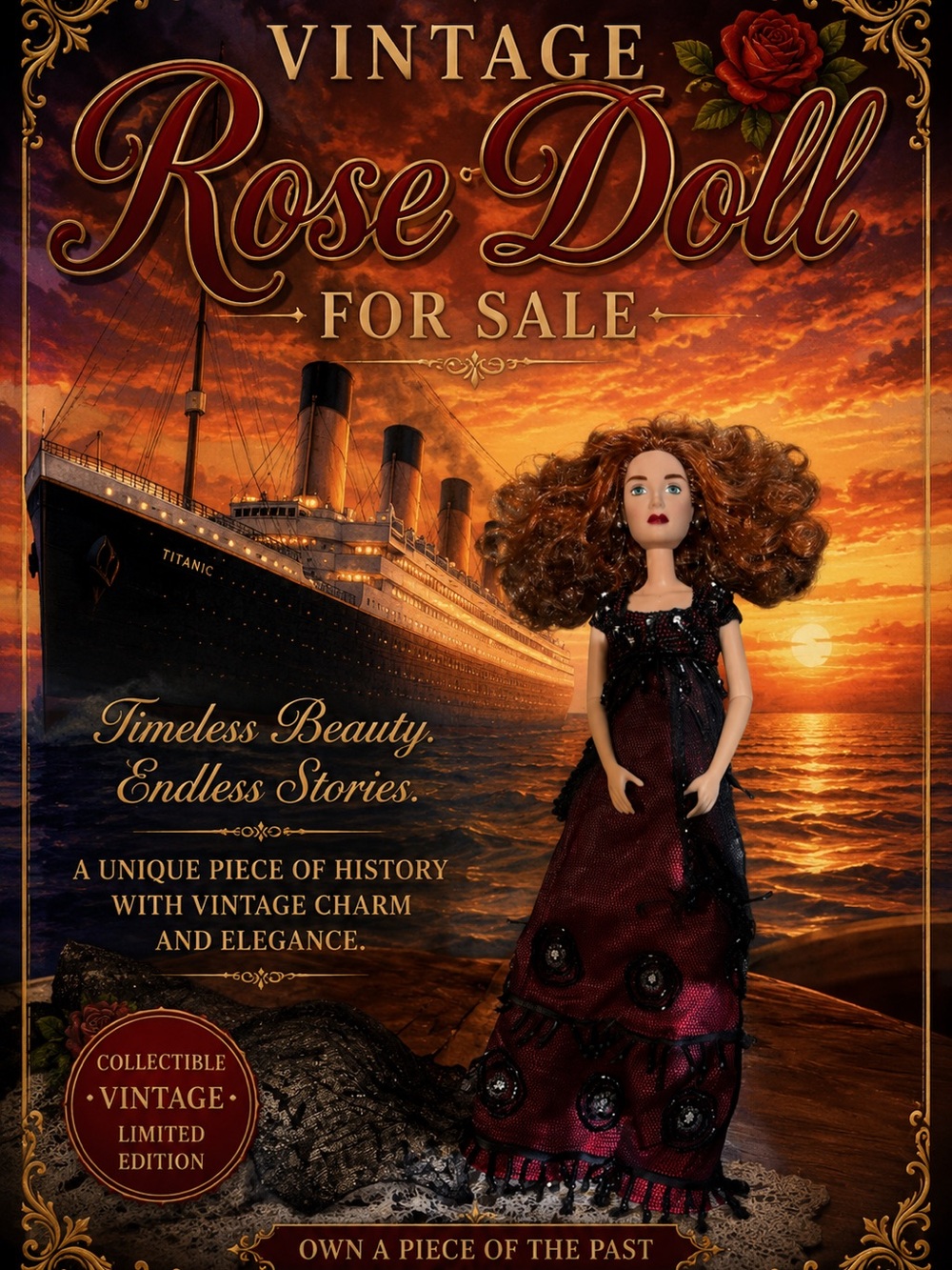 Mattel’s Rose from Titanic/Beautiful beaded gown,perfect Curly/Hair/Burgundy!!🚢